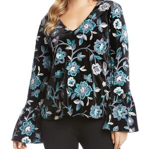 Karen Kane Black Top with Blue Floral Embroidery
